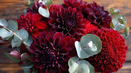 A rich bouquet of deep red dahlia flowers with soft green eucalyptus leaves