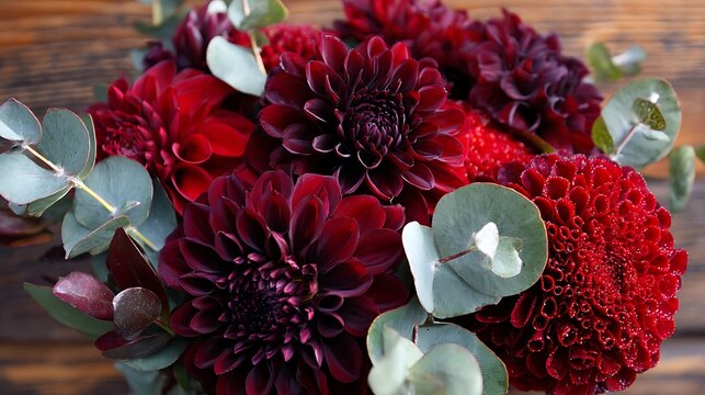 A rich bouquet of deep red dahlia flowers with soft green eucalyptus leaves