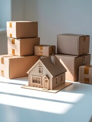 House model home sits on table with stacked boxes