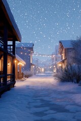 Winter village at night with snowfall and illuminated cozy wooden houses