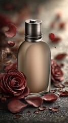 Elegant perfume bottle with soft warm tones and scattered rose petals