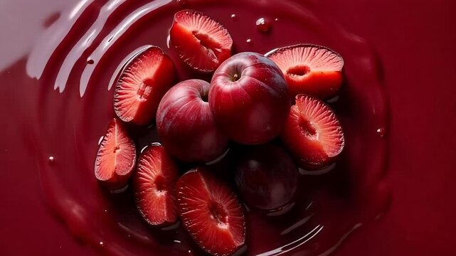 Juicy ripe plums and slices glistening in rich red sauce