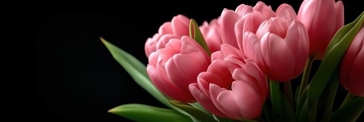 Obraz premium Vibrant pink tulips with green leaves against a black background