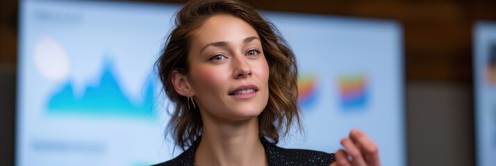 Caucasian young female presenting data analysis with graphs in background