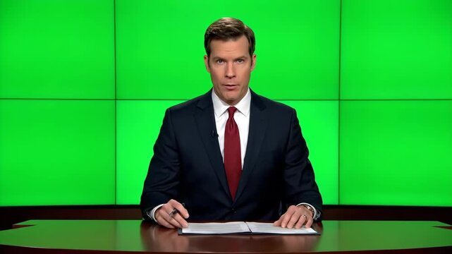 Professional male news anchor in suit and red tie sitting at desk holding pen with serious expression in front of green screen background ready for television broadcasting chroma key