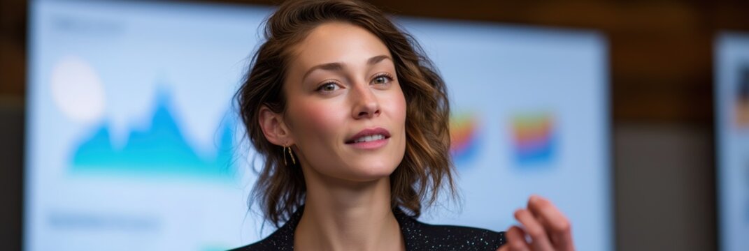 Caucasian young female presenting data analysis with graphs in background - Powered by Adobe