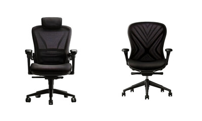 Two black ergonomic office chairs with mesh backrest isolated on white background or transparent png