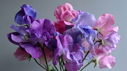 A beautiful bouquet of fragrant sweet peas in shades of purple and pink