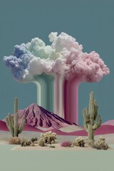 surreal desert with pastel clouds rising over mountain creating dreamy artistic scene in vibrant modern design