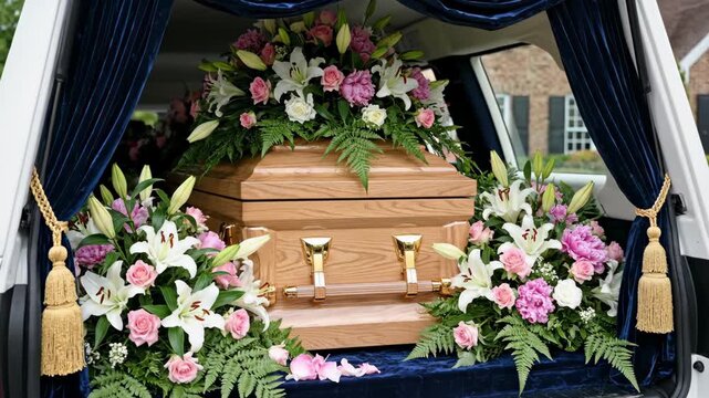 Open back of white funeral hearse revealing wooden coffin adorned with beautiful lilies and pink rose floral arrangements ready for burial ceremony symbolizing grief mourning and final farewell