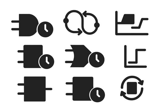 Temporal Logic Icons. Solid style icons of temporal logic circuits: logic gate with clock icon, flip-flop state diagram,