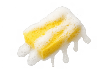 Yellow porous sponge covered in thick white suds and soap foam dripping, illustrating cleaning or washing concept