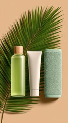 Skincare set with palm leaf on warm beige background