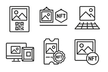 NFT Bridge Icons. Line style icons of physical-digital NFT bridges: photo print with QR code, gallery wall + token, AR image in