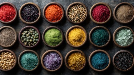 Colorful spice selection in rustic textured wooden bowls