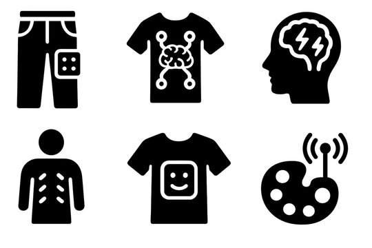 Smart Fashion Icons. Line style icons of Brain-Computer Fashion: smart pants with sensor panel, interactive fashion circuit, brain