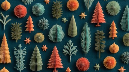 Colorful paper trees and stars on teal holiday background