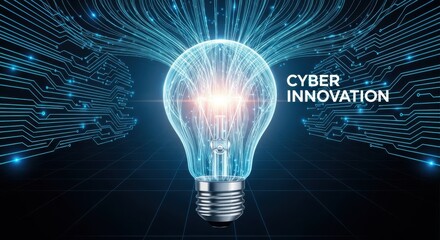 Cyber innovation glowing light bulb and digital circuit background, symbolizing new ideas, technology, security, and future development