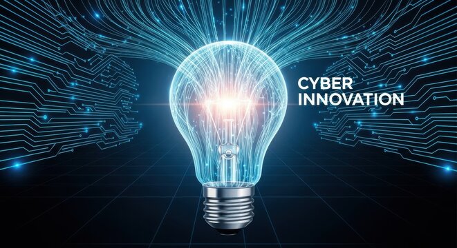 Cyber innovation glowing light bulb and digital circuit background, symbolizing new ideas, technology, security, and future development - Powered by Adobe