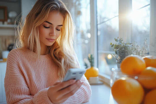 Blonde woman using smartphone for glucose monitoring, representing diabetes self-management, digital health innovation, and patient empowerment with modern technology for wellness. Chronic illness. - Powered by Adobe