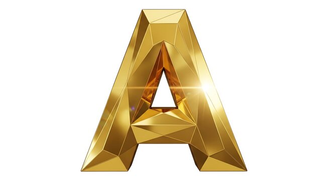 Golden letter a with faceted design and sparkling highlights on white background
