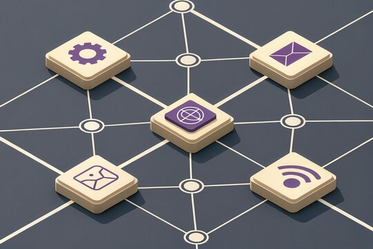 Interconnected technology icons forming a digital network grid