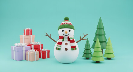3D Render Cute Snowman with Knitted Hat and Scarf Christmas Trees Gifts and Presents on Mint Green Winter Background