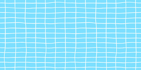 Check seamless pattern grid hand-drawn lines creating a playful background with blue square and wavy doodle textured stripes, perfect for cute designs and modern decor in vector crayon illustration.