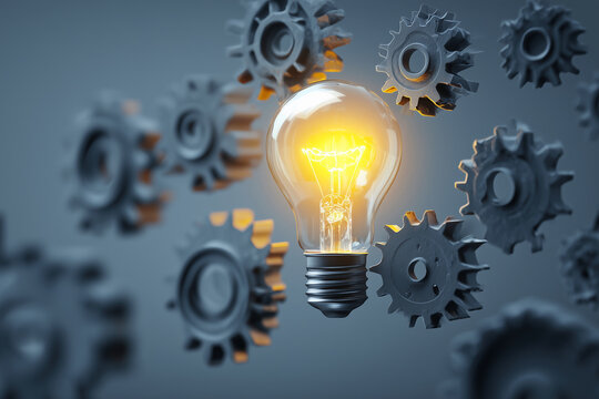 A light bulb is shining on a bunch of gears