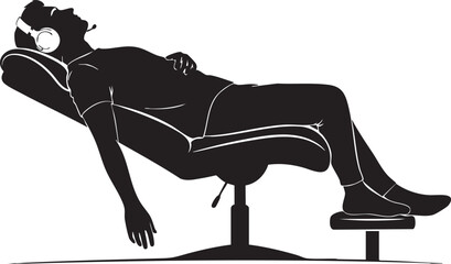 A silhouette of a man relaxing or sleeping in a reclining chair while wearing a headset.