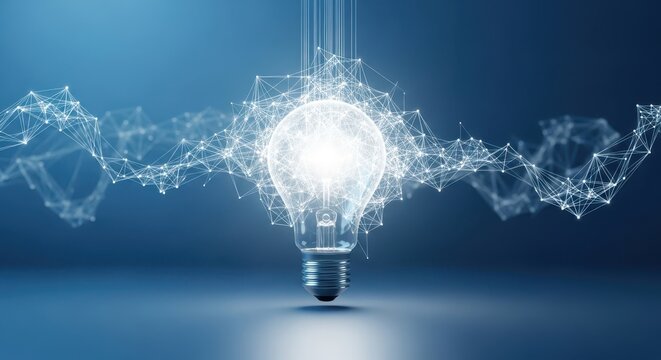 A brilliant light bulb surrounded by an intricate web of digital connections, representing the powerful fusion of innovation, technology, and new ideas