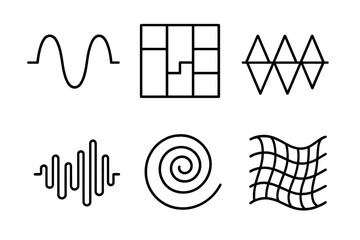 Sound Wave Icons. Line style icons of sound wave shapes: sine wave sculpture, square wave grid, triangular tone pattern, amplitude