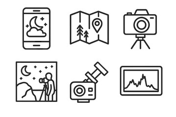 Dark Sky Photography Icons. Line style icons of dark sky photography setup: planning app screen, location scouting map, camera