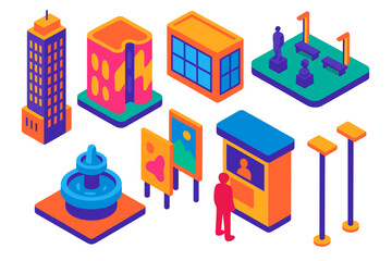Obraz premium Vibrant Skyline Structures. Isometric vector illustration set Skyscraper silhouettes – art museum tower, sculptural façade,