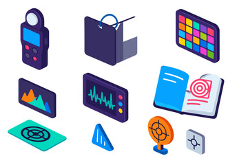 Film Tools Icons. Isometric vector illustration set Film and photography – light meter, gray card, white balance tool; color