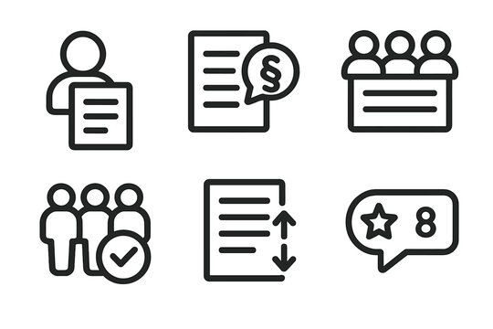 Scriptwriting Icons. Line style icons of Crowdsourced Scriptwriting: user submitted draft, paragraph suggestion tag, crowd-sourced