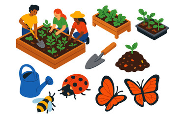 Fototapeta premium Urban Garden Icons. Isometric vector illustration set Climate action – urban community garden, raised planter bed, seedling tray;