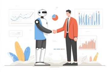 Businessman and AI robot shake hands as data charts and graphs illustrate collaboration for success