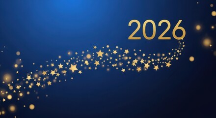 Golden 2026 with sparkling stars and bokeh on a dark blue background, symbolizing new year celebrations, future events, and festive occasions