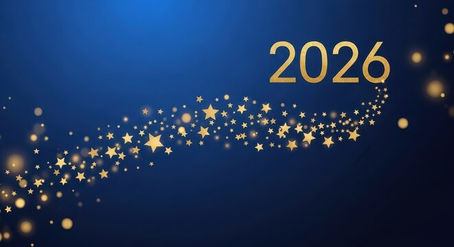 Golden 2026 with sparkling stars and bokeh on a dark blue background, symbolizing new year celebrations, future events, and festive occasions
