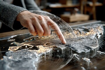 Businesswoman in a suit touches the air over a holographic world map with golden details