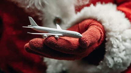 Santa holding a model airplane for festive holiday travel, winter vacation inspiration and Christmas journeys