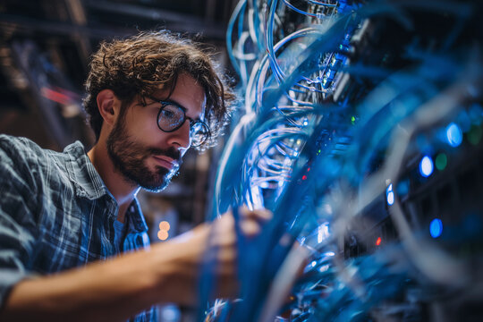 A man in a blue shirt and glasses is working on a computer network