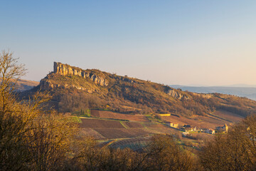 Roche de Solutre rock overlooking Burgundy vineyards