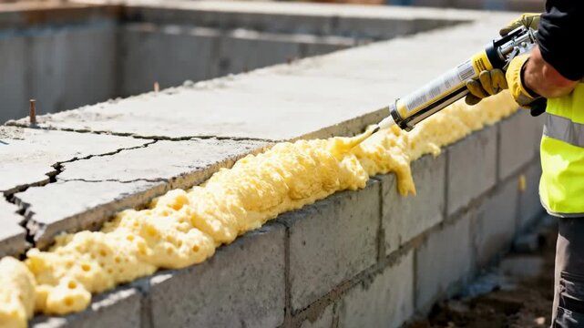 Closeup medium shot of a specialist injecting polyurethane foam into foundation gaps expanding to fill spaces and prevent moisture infiltration.