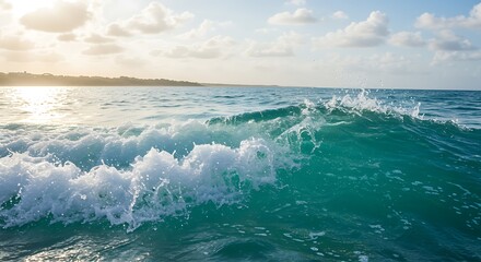Fototapeta premium Beautiful ocean wave rolling toward the shore on sunny day vacation