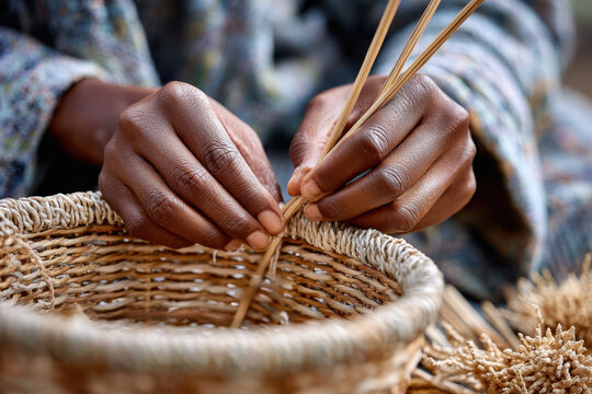 Crafting a traditional woven basket with skilled hands in a rural setting