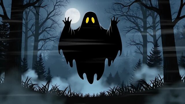 An ethereal, animated dark figure with glowing yellow eyes floats ominously against a moonlit, misty forest backdrop. Silhouetted bare trees and distant pine trees create a spooky, mysterious atmosphe