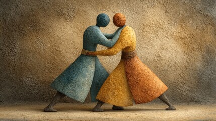 Stylized textured figures grappling in a warm earthy scene