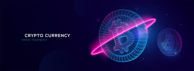 Digital Cryptocurrency Concept. Futuristic Wireframe Bitcoin Crypto Design With Neon Light Effects. Abstract Crypto Currency on Dark Blue Background. 3d Vector Illustration © Oleg
